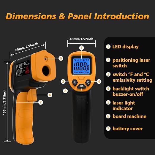 FKM Infrared Thermometer Gun Non-Contact Laser Temperature Gun,-58°F~1112°F,Adjustable Emissivity,Digital IR Thermometer Gun for Industrial,HVAC,Automotive,Cooking,Griddle,Pizza Oven,BBQ,Not for Human