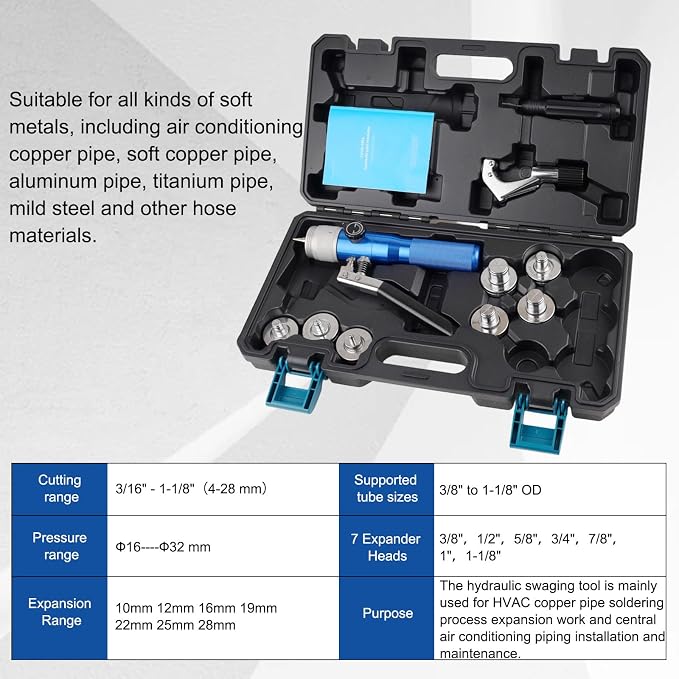 Hydraulic Tube Expander Swaging Tool HVAC Set with 7 Expander Heads | 3/8In to 1-1/8In OD Pipe Expander Tools, Flaring Tool HVAC for Expander Copper/Aluminum/Soft Steel Pipe