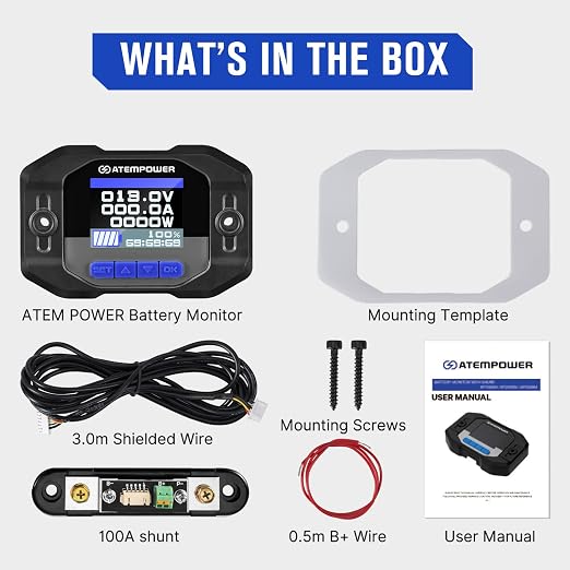ATEM POWER 12V 500A Battery Monitor with Shunt Wire 12V Battery High Low Voltage RV Batteries Monitor Real-time Monitoring Voltage Current Watt Compatible with Lithium, Lead-Acid, AGM, Gel