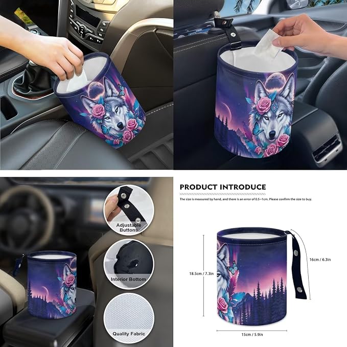 Galaxy Auto Interior Accessories Rose Wolf Car Seat Covers with Auto Steering Wheel Cover Seat Belt Covers Car Trash Can View Mirror Cover Coaster Keychains