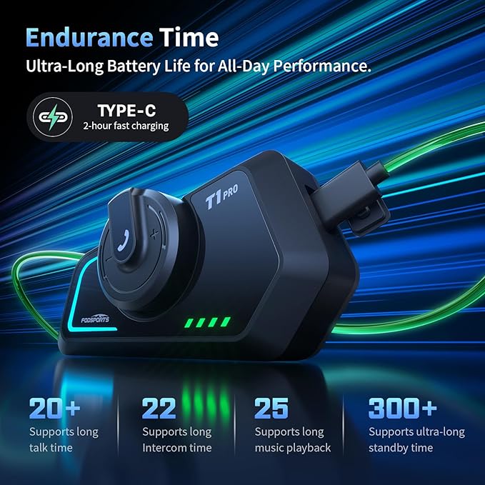 Fodsports T1 PRO Motorcycle Intercom V5.4 with Music Sharing, One-Click Switching for 4 Functional Modes, 6-Way Motorcycle Helmet Headset, FM/5 Stickers/Noise Cancellation/Stereo Music, 1 Pack