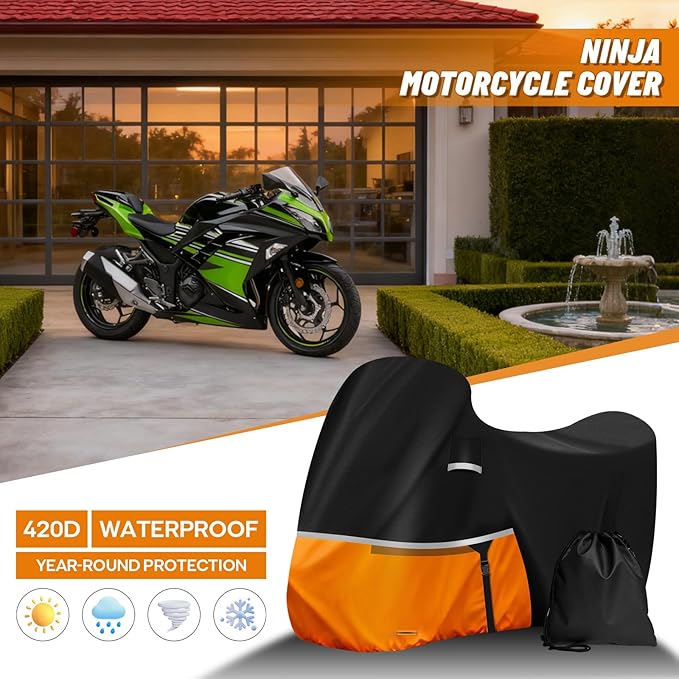 Waterproof Motorcycle Cover for Kawasaki Ninja 400/500/650 Z900 ZX6R (No Trunk Models), 420D Oxford Cloth Heavy Duty Motorbike Cover for Snow Rain UV Dust All Weather Outdoor Protection