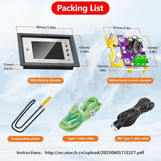 500A Battery Monitor with Shunt 0~420V 500A with Buzzer Alarm and Data Storage Batteries Monitor IPS Color Screen for 0~420V Any Battery and DC Power with 3m Type-C Data Cable Temperature Probe