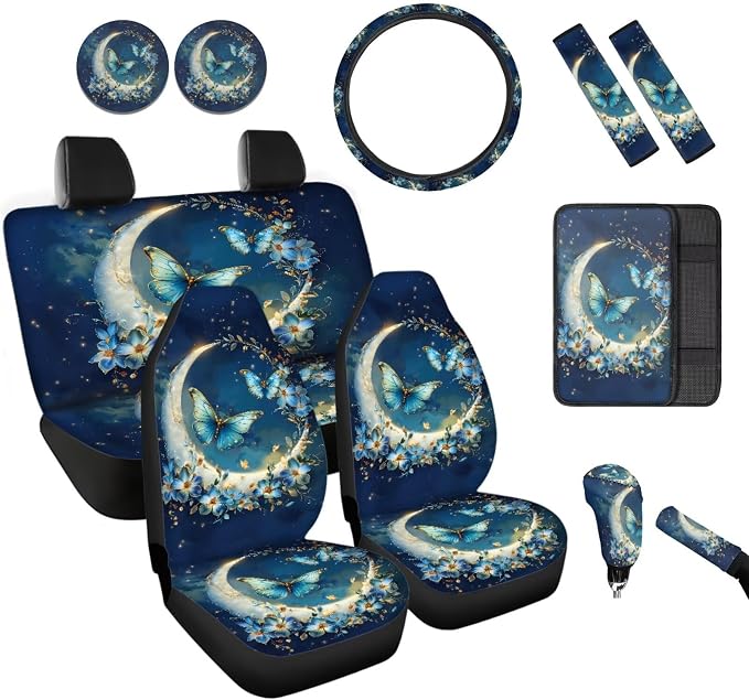 BIGCARJOB 12 Pieces Butterfly Print Car Seat Cover Sets Full Set for Women Auto Interior Accessories Cute Butterfly Print Moon Star Steering Wheel Cover,Car Handbrake Cover for Car SUV Truckr