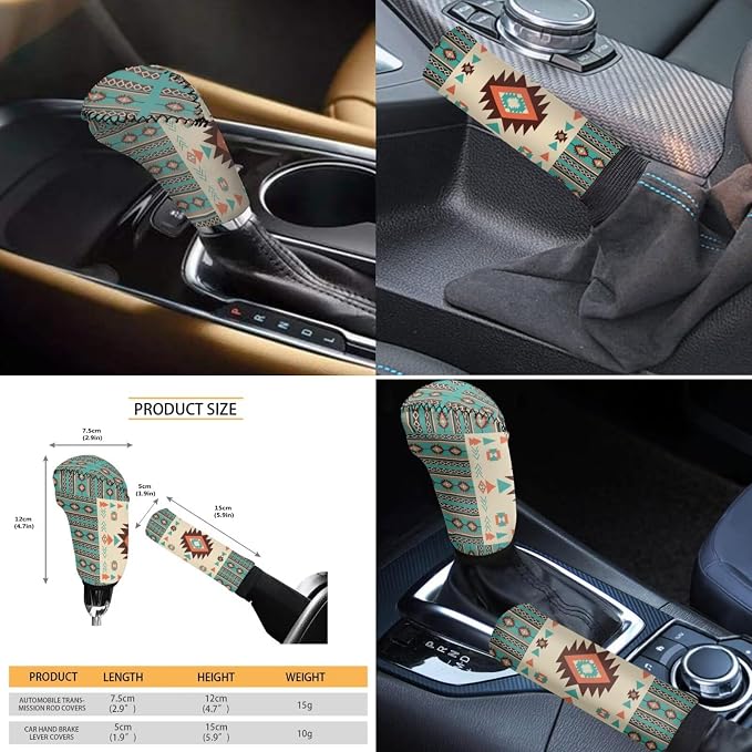Wanyint Car Seat Cover Full Set 11 PCS, with Steering Wheel Headrest Handbrake Gear Shift Knob Cover Cup Coasters Auto Seat Cover Accessories, Southwest Aztec Beige Cyan