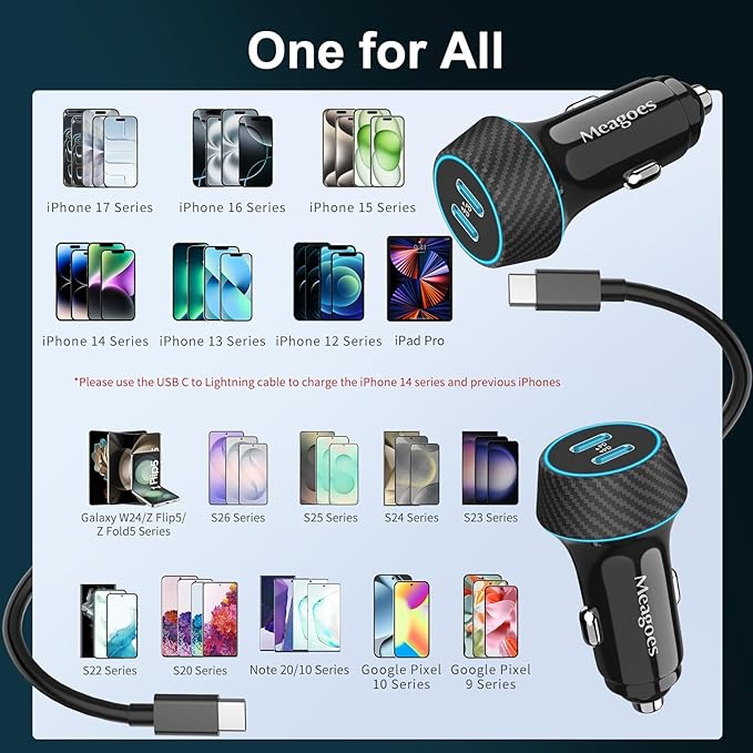 2 Pack 90W USB C Car Charger Super Fast Charging for iPhone 17 Pro Max/Air/16/15/iPad, Samsung S26 Android Phone, Dual 45W PD Port Auto Accessories, 12V Cigarette Lighter Adapter + 10 ft Type C Cord