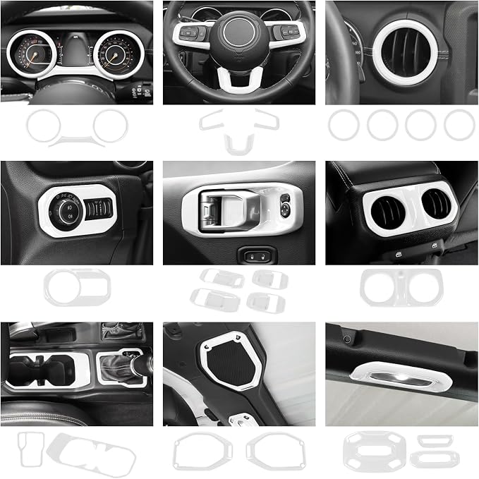 23pcs Full Set Interior Trim Kit for Jeep Wrangler JL JLU Gladiator JT 2018-2023 Steering Wheel Door Handle Air Conditioning Vent Cup Holder Reading Light Headlight Gear Cover, White