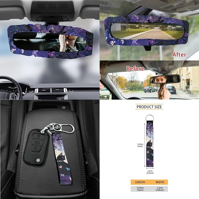 Cat Butterfly Print Full Set Car Seat Covers with Accessories for Women, Including Car Front Rear Seat Covers Steering Wheel Cover Safety Belt Pads Garbage Bag etc, Purple