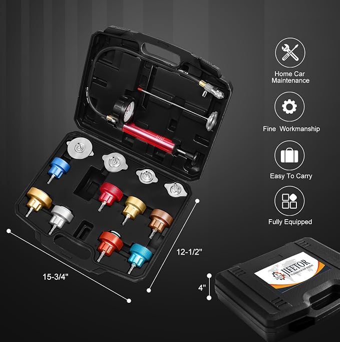 JIFETOR 14PCS Radiator Pressure Tester Tool Kit with Aluminium Pump and Metal Adapters, Black