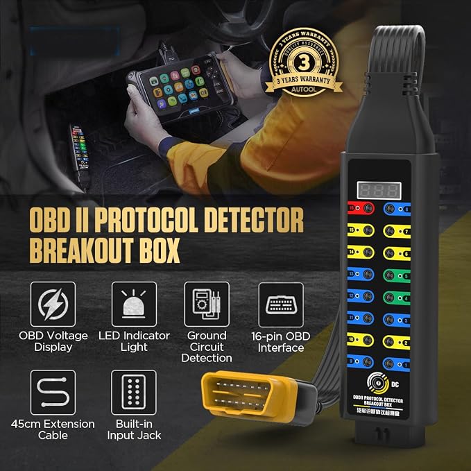 OBD2 Breakout Box, with Voltage Display, LED Indicator & Jumper Automotive OBDII Protocol Detector for Communication/Power/Ground Detection, Works with Scanner/Multimeter/Oscilloscope, 16-Pin CAN