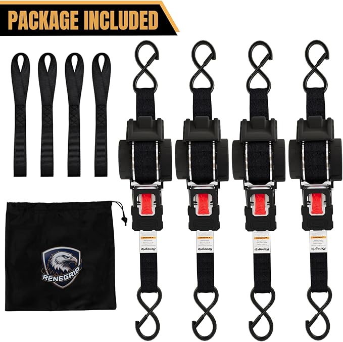 Retractable Ratchet Straps Heavy Duty Tie Down 1''*12ft Breaking Strength 1760LBS Cargo Securing System,for Motorcycle,UTV,ATV,Trailer(Black,4 Pack)