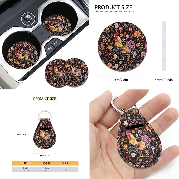 Suobstales Rooster Chicken Flower Print Car Seat Covers Set Interior Accessories Bucket Seat Cover Rear Split Bench Protection with Steering Wheel Covers,Seat Belt Cover Coaster,Keychains