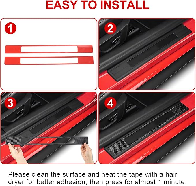 Real Carbon Fiber Door Sill Protectors Compatible with Ford Mustang 2015-2023, Interior Door Sill Guards & Edge Scratch Shields