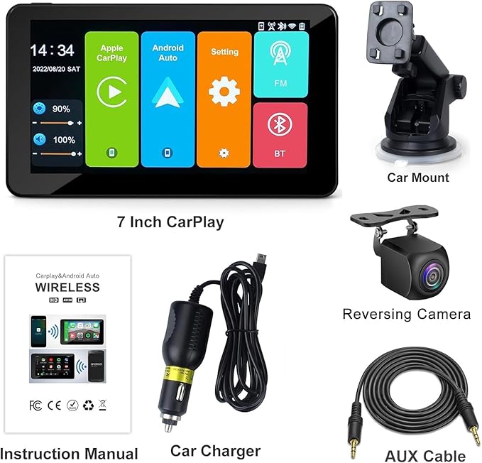 Portable Carplay Screen for Car Compatable with Apple CarPlay and Android Auto,Wireless Car Play Unit with GPS Navigation,Bluetooth,Mirror Link,Touch Screen for All Vehicles (7 Inch+Reverse Camera)