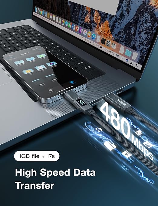 XKCZ 4 in 1 USB C Cable with Wattage Display, 140W Flat Nylon Braided Multi Charge Cable with Data Sync, USB C Charging Cord Combo Type C/USB A/L Port for iPhone/iPad/Samsung/Laptop, 5FT