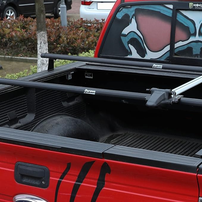Truck Rack with Two Cross Bars and Four Brackets for Pickup Bed, Universal Aluminum Black Bar Length Adjustable from Min 49” to Max 64” Works with Tonneau Cover that Mounts on Top of Rails