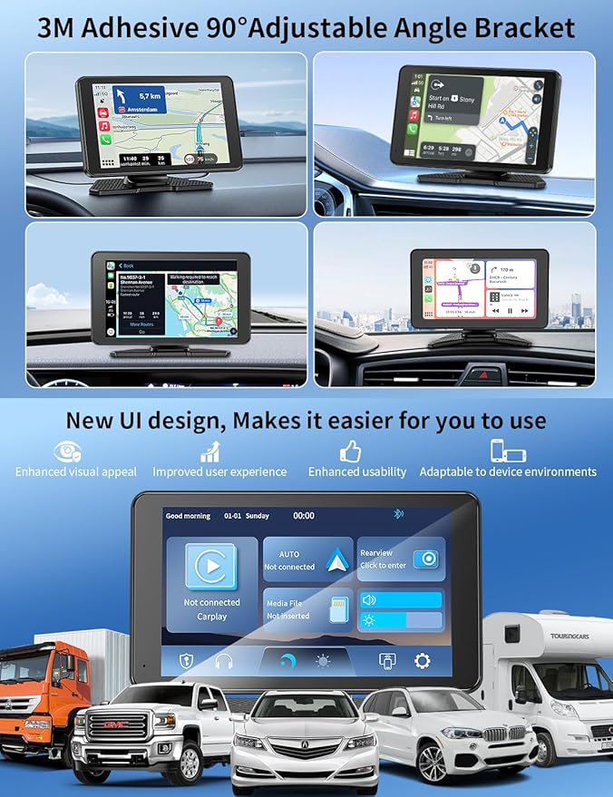 Carplay Screen for Car, 7" HD Portable Car Stereo Touch Screen with Wireless Android Auto, Backup Camera with LED/Mirror Link/Voice Control/Bluetooth/GPS/AUX/FM Satellite Radio for All Vehicles