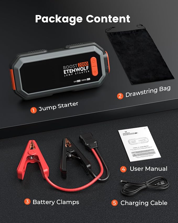 Car Battery Jump Starter Portable, 2000A Peak Jump Box- 12V Car Jump Starter for up to 8.0L Gas and 6.5L Diesel Engines, USB-C Portable Battery Jumper with Jumper Cable, Power Bank, LED Light