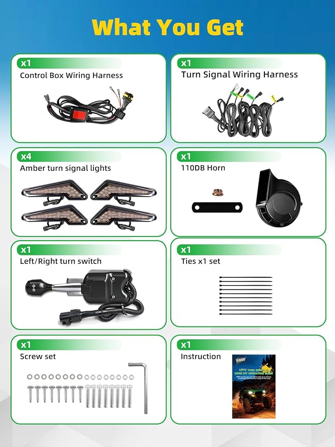 UTV Turn Signal Kit with 110D Horn, Pre-Wired, Plug & Play UTV Universal Street Legal Blinker kit with Lever Column Switch, Compatible with Polaris, Can-Am, CFMOTO for Side By Side