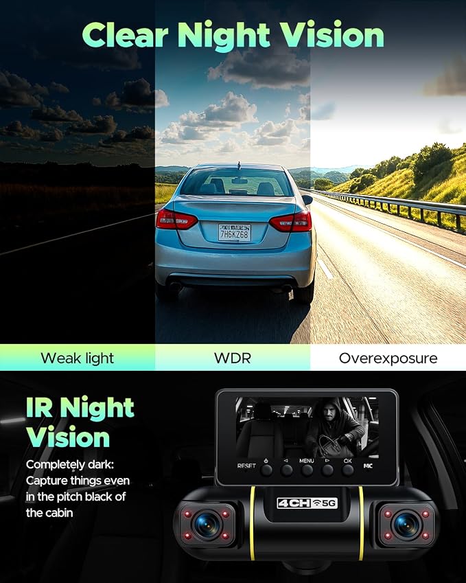LAMTTO 360 Degree View 4 Channel Dash Cam Front and Rear Inside 5G WiFi Dash Camera for Cars APP Control 8 IR Night Vision 24H Parking Monitor with Hardwire Kit, G-Sensor, Included 128GB Card