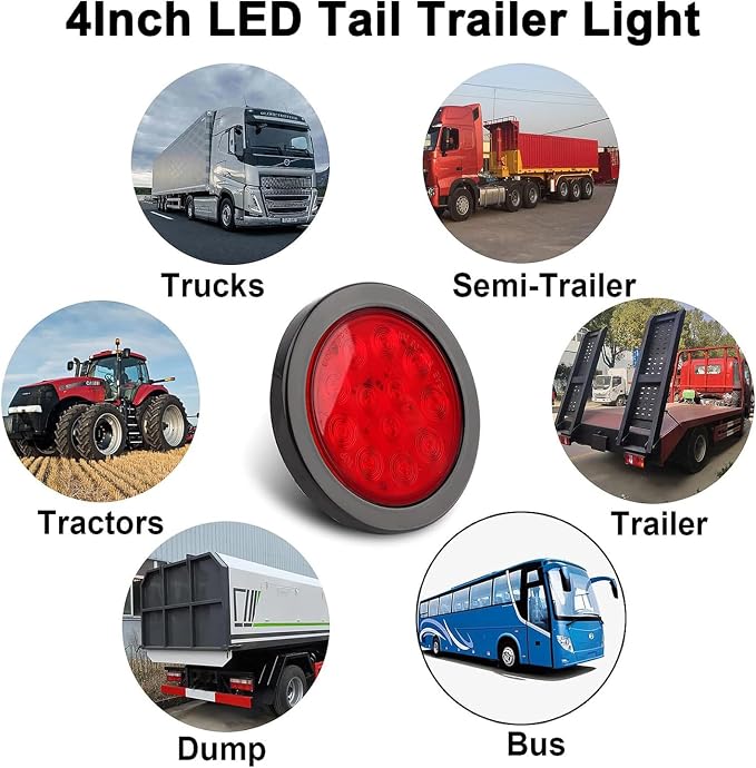 fouwick 4.2 Inch Round Red LED Trailer Tail Lights, 12-LED Waterproof IP65 Stop Turn Brake Light, 12V Flush Mount Trailer Lights LED Kit for Truck, Boat, RV, Marine (2 Pack)