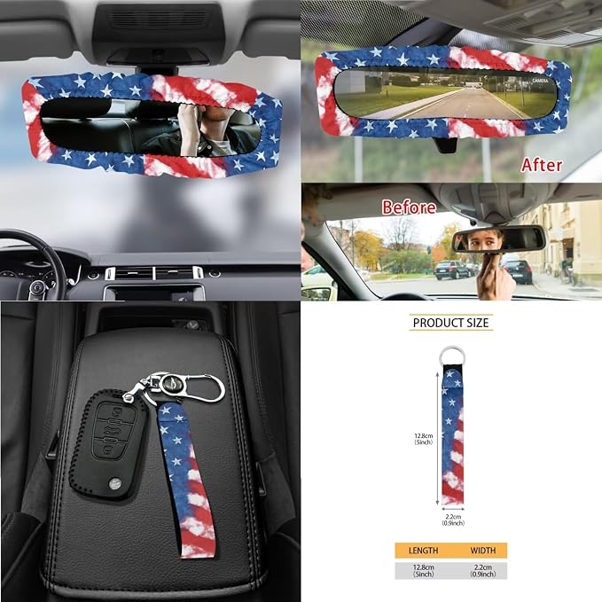 American Flag Pattern Car Accessories Set of 15, Full Set Seat Covers for Cars Steering Wheel Cover Seat Belt Cushion Car Trash Can Air Vent Storage Bag Cup Coasters Universal Fit