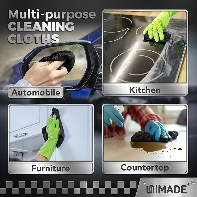 UNIMADE Microfiber Cleaning Cloth, 200 Pack Microfiber Towels for Cars Reusable Shop Rags Bulk Lint Free Cleaning Towels for Car Kitchen Automotive Bar Mechanic Restaurant Garage, 11.5"x 11.5", Black