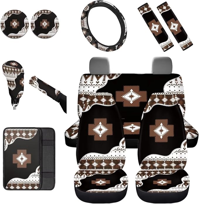 Dreaweet Native American Car Seat Covers Full Set 12 Pcs Aztec Tribal Geometric Car Steering Wheel Cover/Armrest Cover/Seatbelt Covers/Cup Coasters/Gear Shift Cover/Handbrake Cover,Universal Fit