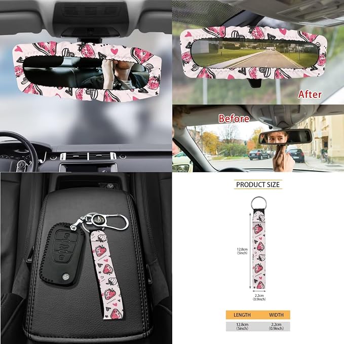 Strawberry Print Car Interior Covers Full Set 15Pcs Universal Car Front and Rear Seat Covers with Steering Wheel Cover Safety Belt Pads Inside Rearview Mirror Cover Cup Mats