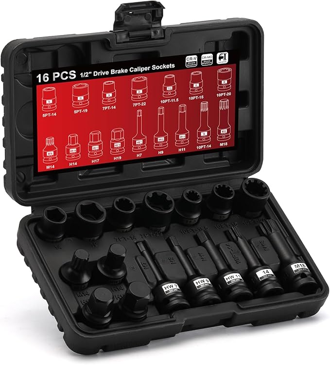 AIRTOON 16-Piece Impact Brake Caliper Socket Set, 1/2" Square Drive Brake Caliper Tool Compatible with Audi Porsche VW BMW Ford, With Storage Case