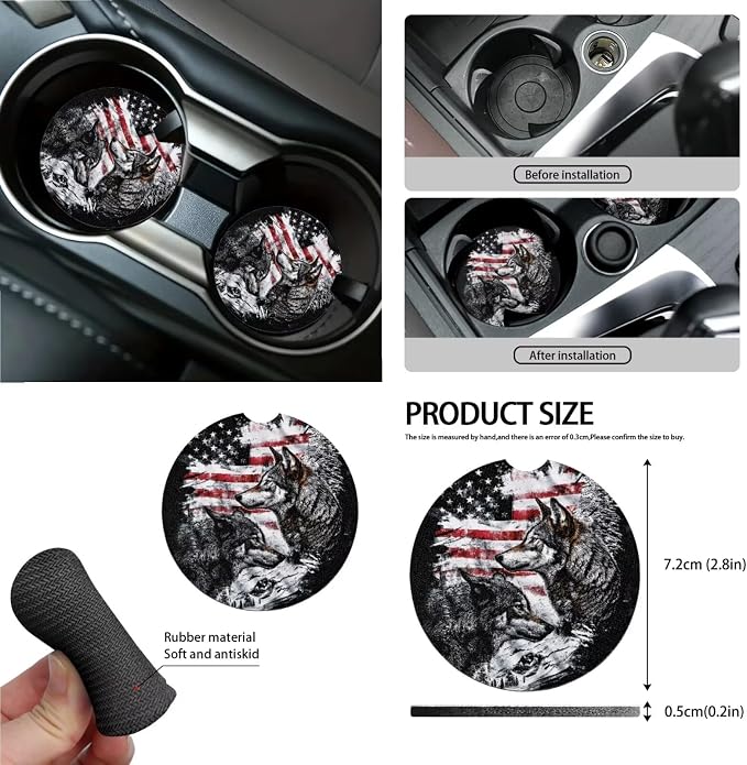 Wolf American Flag Pattern 13 Pieces Car Accessories, Auto Front and Back Seat Covers Full Set, Comfortable Steering Wheel Cover, Seat Belt Protector, Coasters for Car Auto