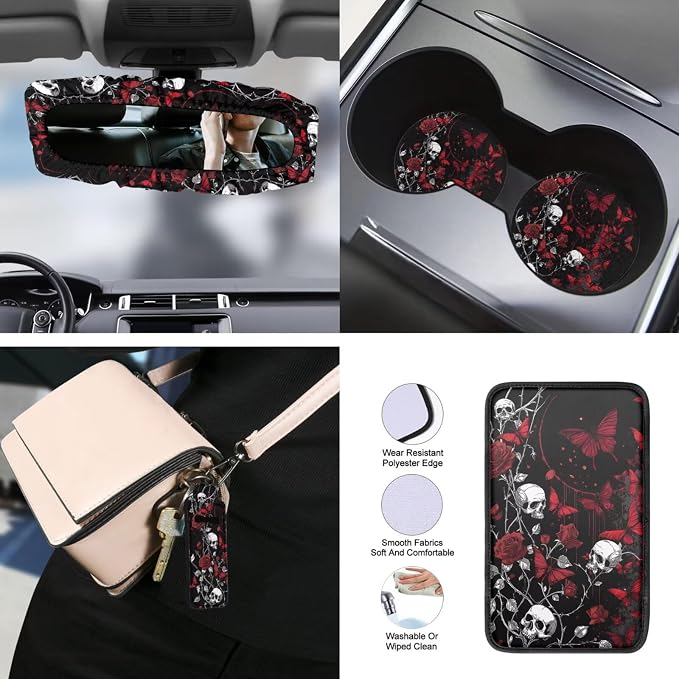 Skull Rose Printed Car Seat Cover Full Set with Steering Wheel Covers Butterfly Auto Seat Belt Pads Car Armrest Pad Car Rear View Mirror Protector Universal Fits, Black and Red