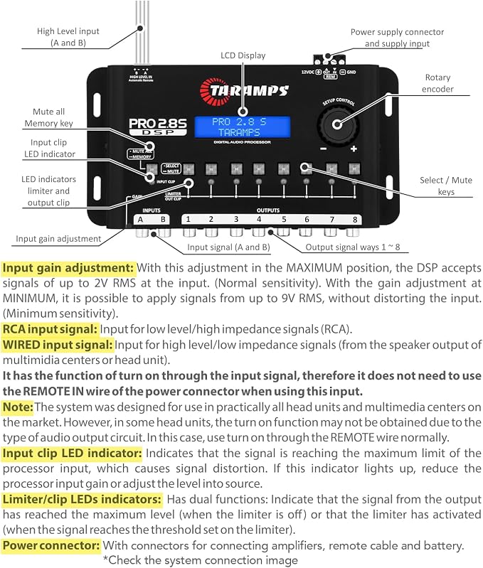 Taramps Pro 2.8S Black DSP Crossover Full Digital Signal Audio Processor and Equalizer with sequencer 15-Band Graphic Equalization 12 preset EQ 2-Channel in and 8-Channel Out Car Audio, Sound Quality