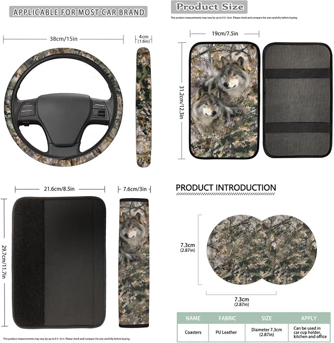 Bulopur Wolf Camo Hunting Vehicle Seat Covers Full Set with Steering Wheel Cover Comfortable Armrest Pad Easy to Install Car Seat Belt Covers 14 PCS Automotive Interior Decor Set