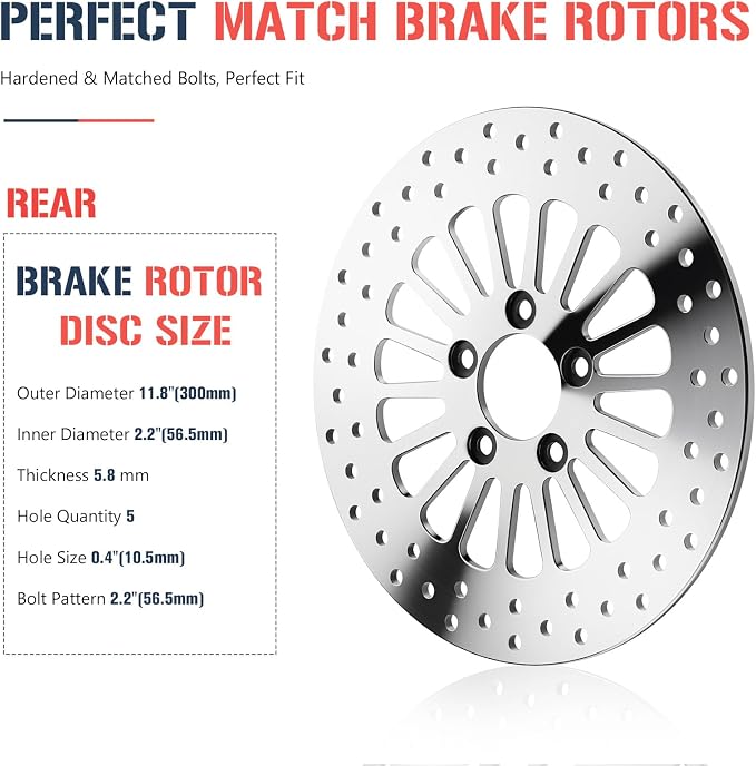 11.8" Front and Rear Brake Rotor with Bolts Set for Harley Davidson Touring Models, for Road King/Street Glide/Road Glide/Electra Glide 2008-2022, Mirror-Polished Stainless Steel Rotors, 2PCS