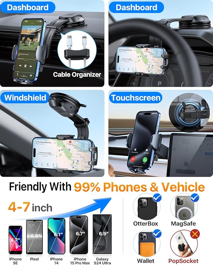 HTU Upgraded Strongest Suction Car Phone Holder Bendable Arm, Never Block View Rotatable Cellphone Mount for Dashboard Windshield Vent, Cradle Stand for iPhone 17 16 15 14 13 12 Pro Max (Rose Purple)