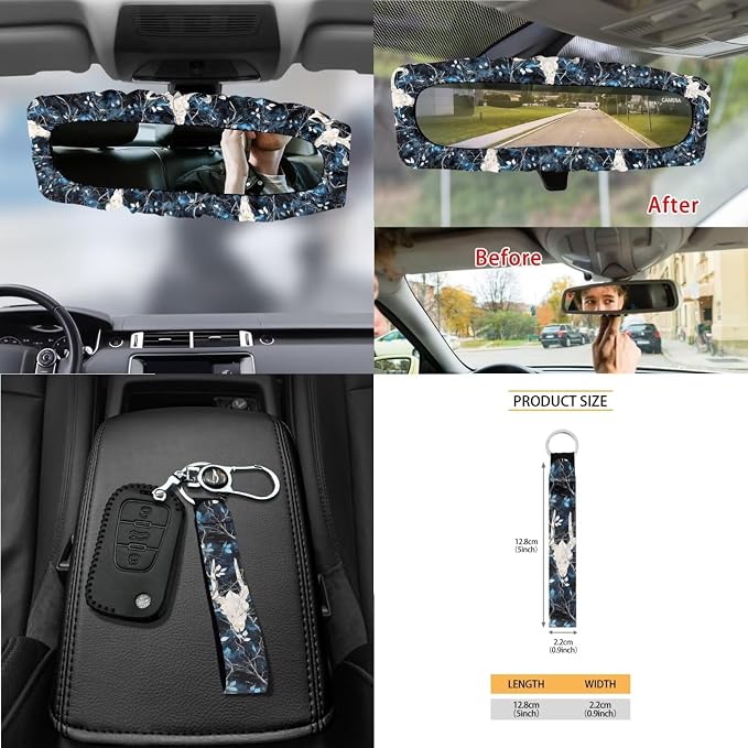 Deer Leaf Tie Dye Print 15PCS Car Accessories, Universal Car Seat Covers Steering Wheel Cushion Seat Belt Pad Coasters Trash Can Keychain Air Vent Storage Bag Universal Fit Most Cars