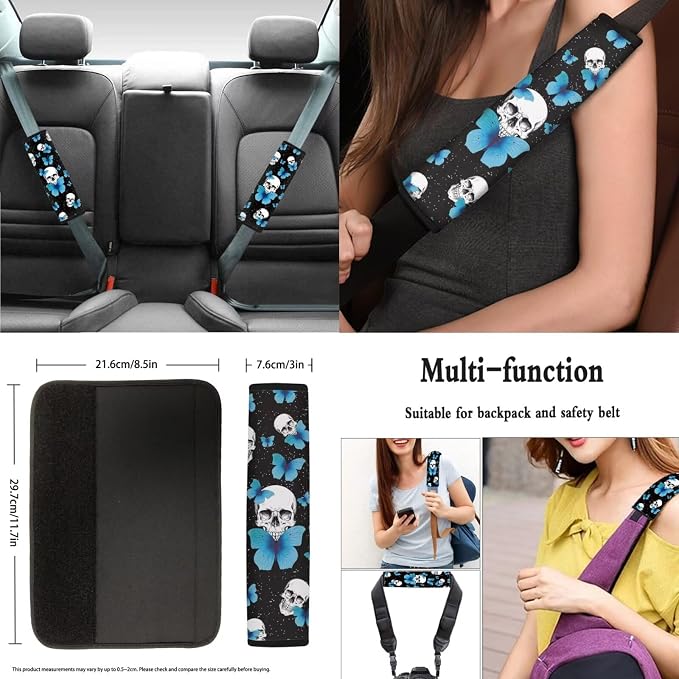 8 Pcs Blue Butterfly Skull Car Seat Covers Full Set Car Accessories for Women Front Seat Cover Steering Wheel Armrest Cover Seat Belt Cover for Auto SUV Interior Decoration