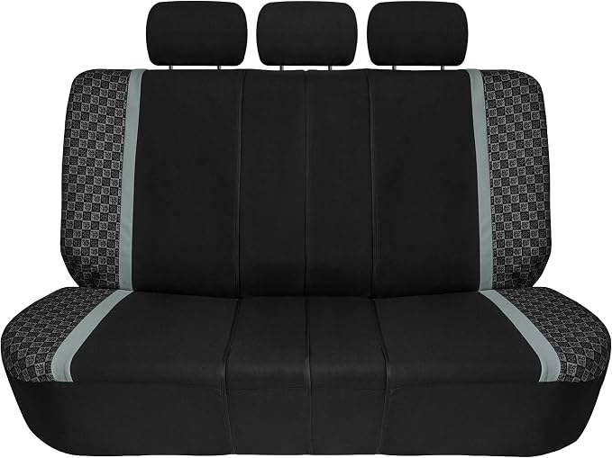 We Are Young Life is Fun™ Checker Car Seat Covers Universal Fit Interior Accessories Full Set Gray Seat Cover Combo Steering Wheel Cover and Seat Belt Pads, Airbag and Split Rear Car Seat Covers