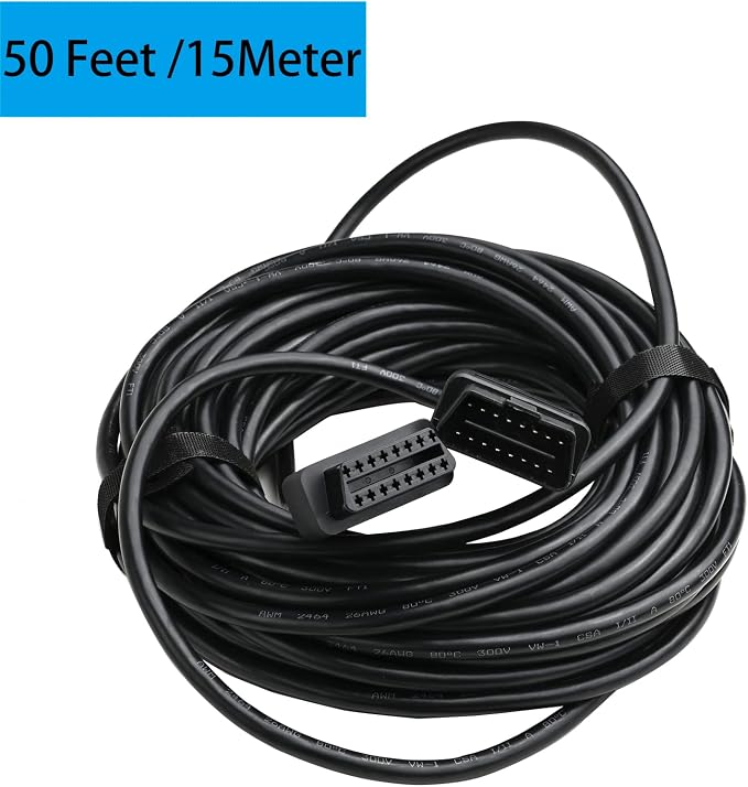 iKKEGOL 50 Feet / 15 Meter OBD2 OBDII Full 16 Pin Car Male to Female Extension Cable Diagnostic Extender Low Profile OBD Cord Adapter for OBD Scan Tool Compatible for All OBD2 Vehicles