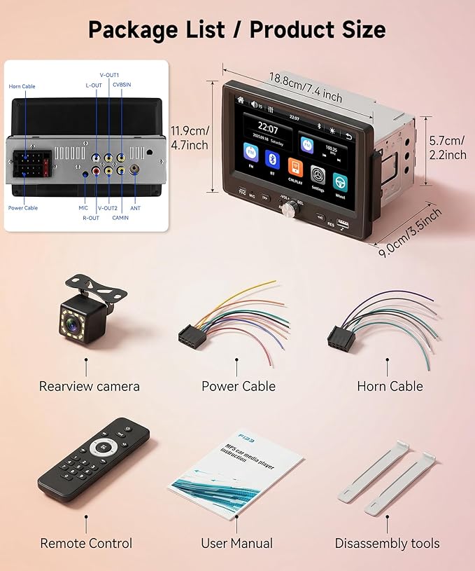 7 inch Single Din Car Stereo Wirelsss Carplay Android Auto, 1 Din Radio HD 1024×600 Touch Screen Radio Bluetooth 5.0, Mirror Link SWC FM EQ, USB Type-C, Car Stereo Receiver