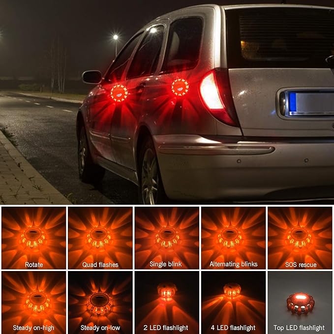 AK [12 Pack LED Road Flares Safety Flashing Warning Light Roadside Emergency Disc Beacon Kit for Vehicles Boats with Magnetic Base & Hook, Premium Storage Bag (Batteries Not Included) (12)