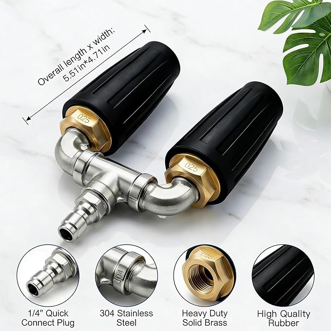 Dual Turbo Nozzle Pressure Washer, Dual Pressure Washer Nozzle, 360° Rotating 4000 PSI Turbo Nozzle with 1/4" Quick Connector 2.0 Orifice, 304 Stainless Steel for Driveway/Deck Clean(Black)