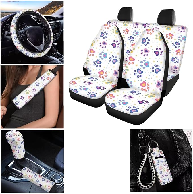 Paw Print Car Front Rear Seat Cover Back Seat Covers for Women Men Wear Resistant Car Steering Wheel Cover Seat Belt Cover Coasters Keychain Shift Cover Automatic for Women Men