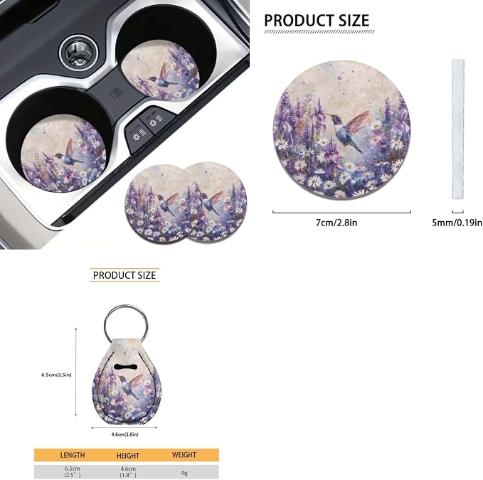 Suobstales Hummingbird Daisy Lavender Print Car Seat Covers Front Back Split Bench Protector for SUV Truck Van, 15 Inch Steering Wheel Covers, Seat Belt Covers, Coasters, Keychain for Women Men