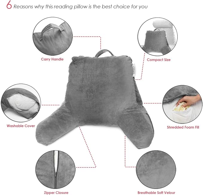 Nestl Reading Pillow for Kids & Teens with Shredded Memory Foam, Backrest Pillows for Reading, Watching, and Gaming, Use on The Couch, Bed, or Floor, Adjustable Support with Washable Cover Dark Grey
