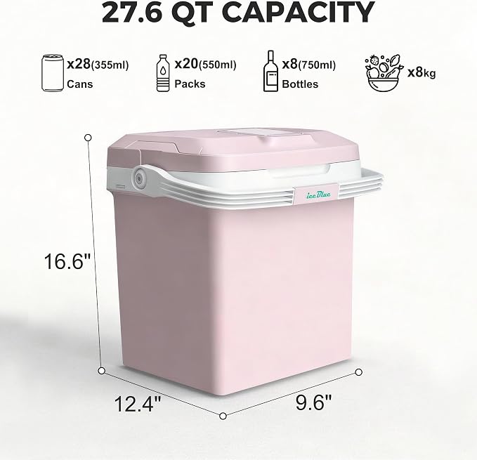 Iceblue Electric Cooler, 26 Liters/28 Cans Mini Fridge with Automatic Locking Handle, 120V AC Home Power Cord & 12V Car Adapter Car Refrigerator, Car Fridge for Home, Car, Gift (Pink)
