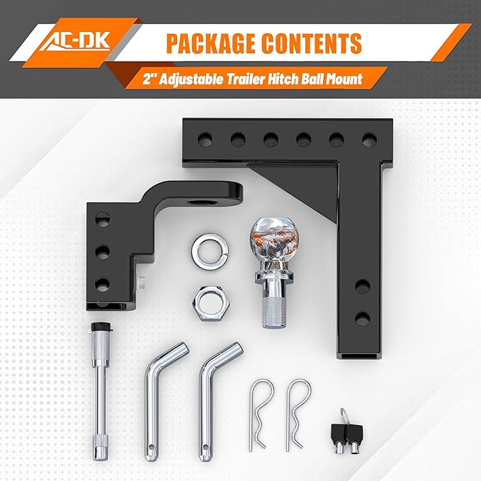 Adjustable Trailer Hitch for 2 inch Receiver,9-1/2" Drop & 8-1/4" Rise,Tow Hitch with 2 inch Ball,7500 LBS GTW/750 LBS TW, Includes 2 Pin&Clips and 5/8" Pin Lock