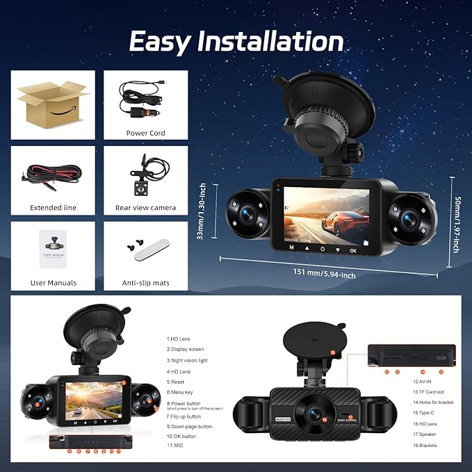 NHOPEEW Dash Cam Front and Rear Inside, 4 Channel Dash Cam 3" IPS Screen Front and Back with 8 IR Night Vision Lights, Loop Recording, 24 Hours Recording, G-Sensor, Reverse Help