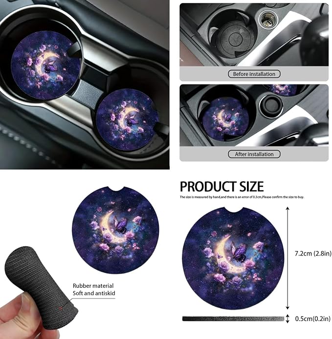 Purple Moon Galaxy Butterfly Car Seat Covers Full Set 15 Pcs Universal Car Accessories Steering Wheel Cover Seat Belt Pads Garbage Bag Car Headrest Pillow Covers Armrest Pad